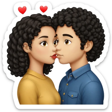 a light skin girl with medium black curly hair and a light brown boy with medium length black hair kissing emoji sticker