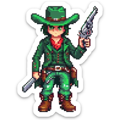 Green-clad cowboy character with revolver gun and boots sticker