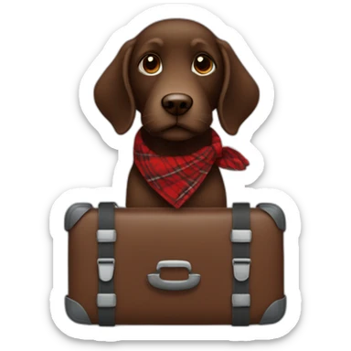 Chocolate colored doodle wearing a red and black flannel handkerchief with a carryon suitcase sticker