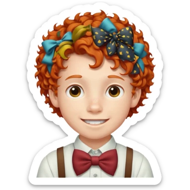 redhead kid with unique face features and very curly hair kid boy happy and braces on teeth, wearing a bow on head sticker