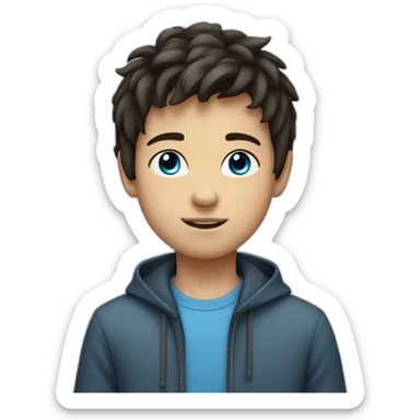 young boy with dark staight hair, blue eyes and computer sticker