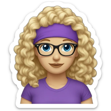 caucasian curly blonde long haired blue eyes woman purple t-shirt black glasses sticker