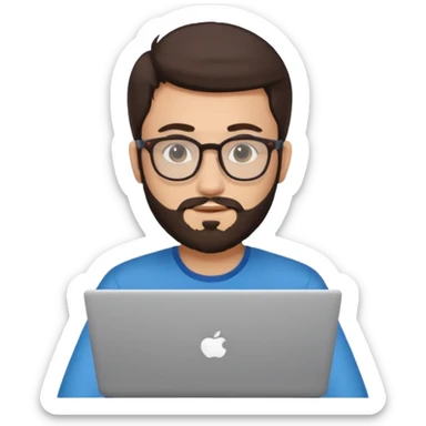 23 year old Azerbaijani man with dark brown hair and beard with glasses and laptop sticker