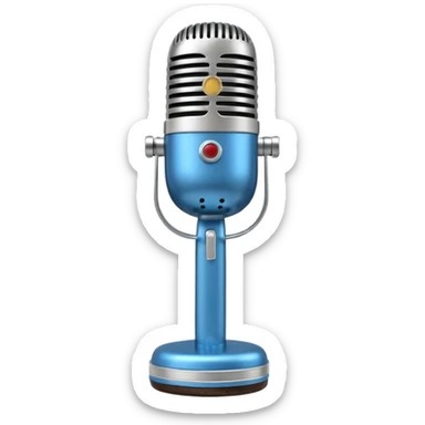 3D render of Elvis Microphone, vintage 1980s audio equipment aesthetic, tactile analog buttons, shiny silver metal grille with a blue handle, mixed wood grain and brushed aluminum textures, Apple emoji style, isolated on white background --v 6.0 sticker