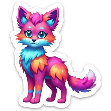 Vibrant multicolored neon-colored Falvie-Fionbri-creature-sparkle-feline-canine-hybrid-fursona, full body sticker
