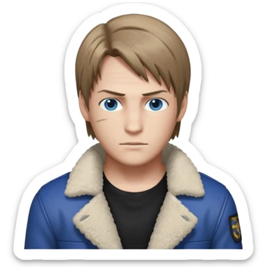 Leon Kennedy from resident evil 4 remake in sheepskin coat and black t-shirt blue eyes clean-shaved sticker
