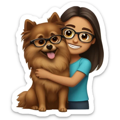 Hispanic girl with long Brown hair with glasses hugging  brown Pomeranian  sticker