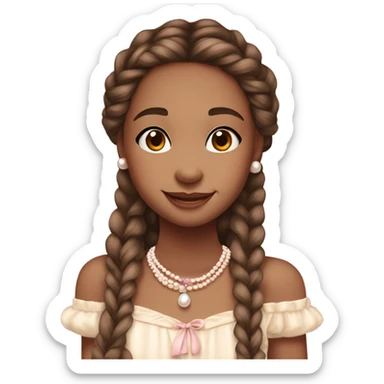 The girl, with a warm, rosy complexion, sparkling brown eyes, and a friendly smile, wears long braids adorned with blush and cream ribbons, a pastel off-the-shoulder top, a pearl necklace, and exudes warmth and vintage charm. sticker