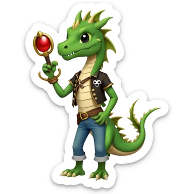 friendly anthropomorphised dragon in a band t-shirt and jeans with a pirate eye-patch walking upright, relaxed pose sticker