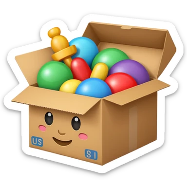 cardboard box with toys, sticker