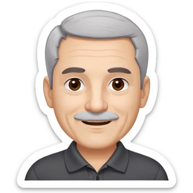 Puerto Rican older man with round face, wide jaw, light skin. Expressive dark brown eyes, thick eyebrows. Short gray hair with receding hairline. Light gray stubble beard. Friendly smile. Wearing a black polo shirt. sticker