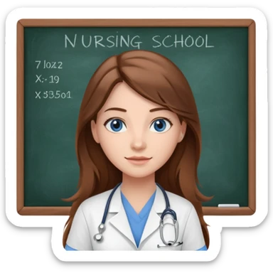 university classroom that says nursing school on the blackboard with a pretty female nursing student with long brown hair, blue eyes sticker