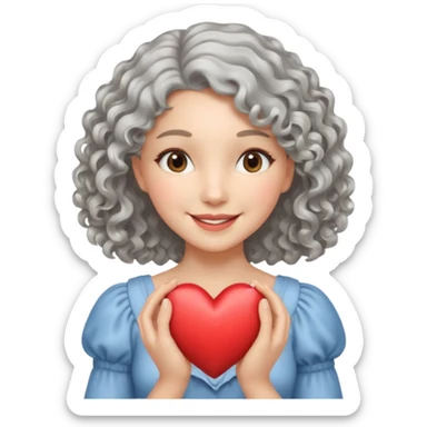 silvery curly/wavy shoulder-length hair smiling lady holding a heart thinner hair sticker
