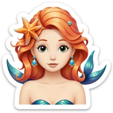 mermaid with seashells in hair, starfish earrings sticker
