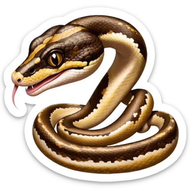 A close-up 3/4 view of the Ball Python with the front half raised slightly in an S-shape and its tongue flicking out. The head is angled curiously toward the viewer, showing both personality and motion. sticker