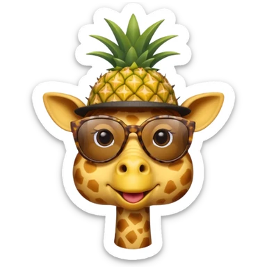 Hybrid of giraffe and chicken wearing pineapple sunglasses with a top hat sticker