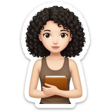 a pretty bratz fair girl with black curly hair in a brown tank top holding a book sticker