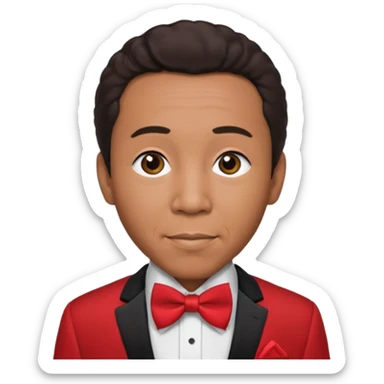 Smokey Robinson with dark brown hair, red suit with bow tie sticker