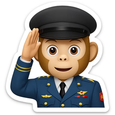 Add a classic military hat to the monkey face performing a military salute in emoji style with transparent background. sticker