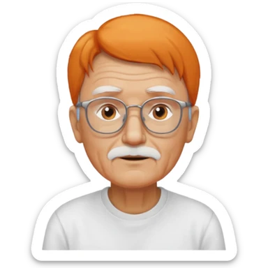 old man, orange straight hair, no mustache, wearing glasses, long face, wearing a white t-shirt sticker