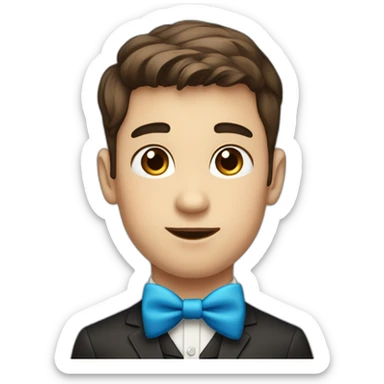 A young male tennager with big cheeks with a beauty spot on chin with a round face and very short brown hair and a mole on chin wearing a blue bow tie sticker