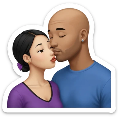 Bald black with small beard deeply kissing a short younger looking asain women with long black hair and nose ring sticker