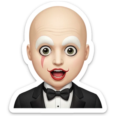 a bald cabaret actor with a white-painted face and heavily made-up eyes and mouth, a huge, wide-open mouth, and a startled look sticker