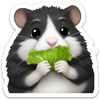 chubby realistic black fuzzy hamster eating a small piece of lettuce sticker