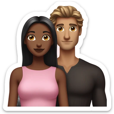 A handsome pale Greek god man who has long brown hair and tanned skin with a pretty black skinny tall model woman who has long black hair and she is wearing a pink dress and they are a couple sticker
