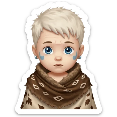 ancient hairy white baby tatooed boy, tattered animal skin shawl sticker