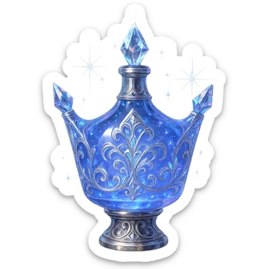 modernus prabangus eliksyro buteliukas, karūnos forma, spalva #7986cb, išraiškingi ir sudėtingi holografiniai bei sidabriniai filigranai, kristalo švytėjimas, žėrintys magiški efektai, šviesos lūžiai, labai mažas kaklelis, ornamentuotas vientisas dugnas, skaidrus fonas, be šešėlio, aiškiai plūduriuoja ore, nestovi, kolekcijos stilius, maksimaliai gražus ir įspūdingas sticker