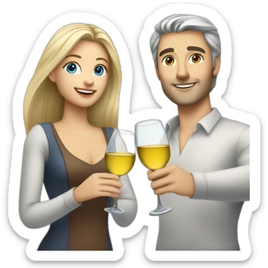 caucasian woman with brown eyes and blond shoulter long hair and a caucasian man with blue eyes and grey hair, toasting with a glass of white wine sticker