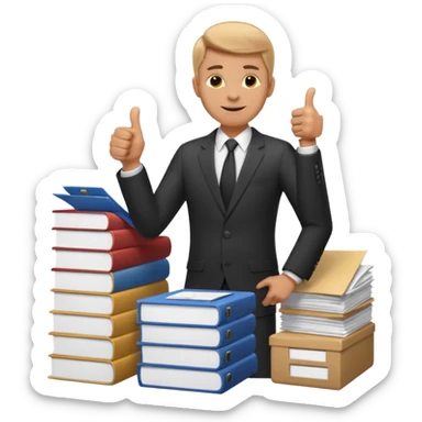 man standing on a heap of paperwork, giving a thumbs up emoji sticker