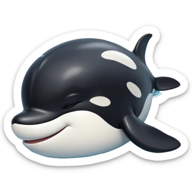 Meme-Worthy Cute Sleeping orca Portrait Emoji, Head resting peacefully with a contented smile, showcasing a smooth black-and-white body with gently drooping fins and eyes softly closed in serene slumber, Simplified yet adorably endearing features, highly detailed, glowing with a soft, drowsy deep-sea light, high shine, relaxed and utterly lovable, stylized with an air of playful oceanic laziness, soft glowing outline, capturing the essence of a sleeping orca that feels destined to become the next viral icon of adorable marine rest! sticker
