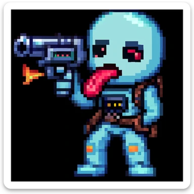 Make it pixel art style: Edit the emoji so it is putting the sci-fi blaster toward its tongue, keeping the pixel art style. sticker