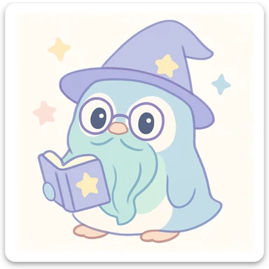 a chubby penguin wizard with glasses, a long beard, and a spellbook, looking wise and magical sticker