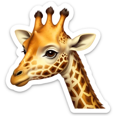 Cinematic Noble Giraffe Portrait Emoji, Poised and regal, with a towering, elegant build and a stunning, patterned Fur of warm yellows and browns, long, graceful neck and soulful, gentle eyes, Simplified yet sharp and sophisticated features, highly detailed, glowing with a soft, dignified glow, high shine, intelligent and graceful, stylized with an air of savannah majesty, focused and attentive, soft glowing outline, capturing the essence of a watchful and confident giant, so majestic it feels as though it could stretch out of the screen with effortless authority! sticker