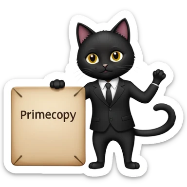 A black cat in a black business suit holds a sign that says "PrimeCopy" sticker