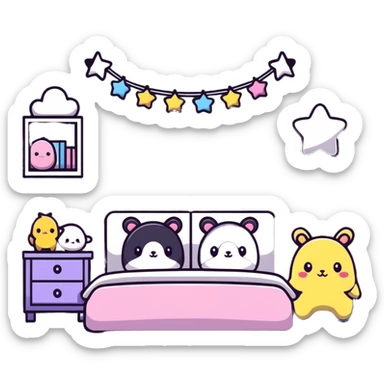 small cute bedroom with kawaii decor, stuffed animals, heart-shaped pillows, star garland sticker