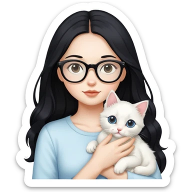 Beautiful girl with long black hair and glasses holding a white kitten sticker
