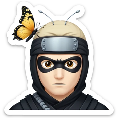 Crea una imagen con estos dos emoji 🥷🏻🦋
él ninja de piel blanca con la mariposa posada en cabeza como si estuviera volando. sticker