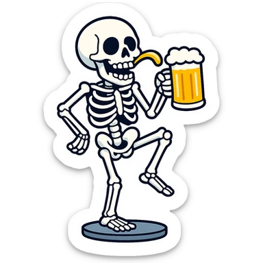 Create a variant of a skeleton drinking a beer while balancing on one leg like a flamingo, in a cartoon sticker style. The style should mimic cartoonish stickers with bold outlines and vibrant colors. sticker