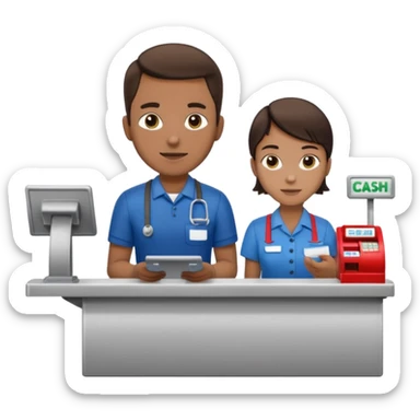 Supermarket employee at a cash register, full body, serving a man sticker