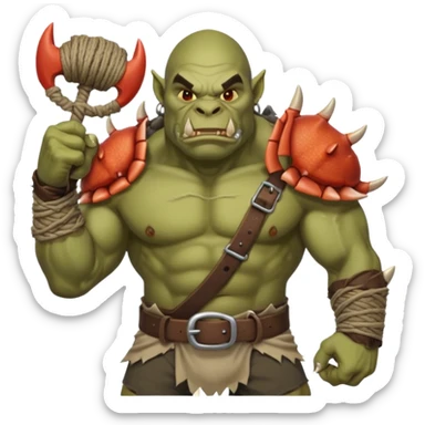 orc male Belt of defeated "Pesky Sand Crab" claws, flexing with a net full of loot. sticker