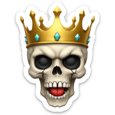 Demonic 3D skull holding its head by its hand in shock, mouth open, wearing a golden crown, dark horror vibe sticker