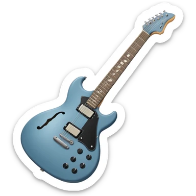 A gray-blue electric guitar with a black pick guard and only one volume knob, make the head tan sticker