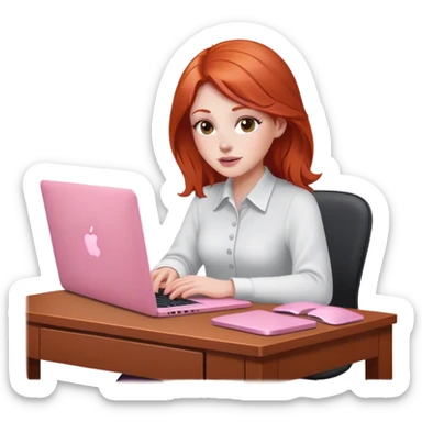 Redhead sat at desk with pink MacBook  sticker