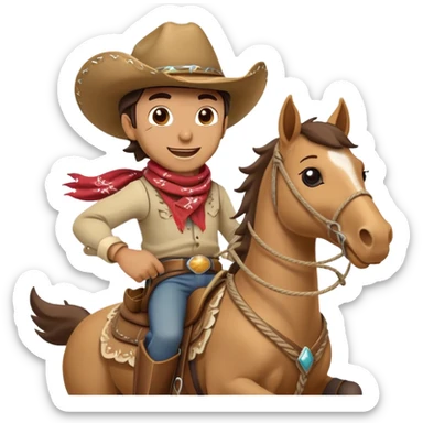 clash-of-clans-aesthetic_-cinematic-playful-cowboy-portrait-emoji, head-tilted with a roguish, cheeky grin and twinkling eyes, featuring a rugged, spirited build with a wide-brimmed cowboy hat and a rugged bandana, tan skin-tone, riding a galloping horse with reins in one hand and a lasso in the other, dust trailing behind. sticker