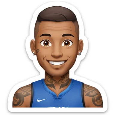 man with face tattoos, smiling, wearing a sports jersey sticker