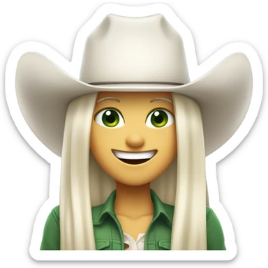 A white-skinned girl with a cowboy hat, long straight white hair and green eyes is laughing out loud.  sticker